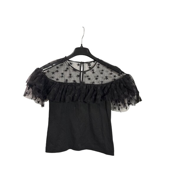 J.Crew Starry Tulle Black Sheer Panel Star Embroidered Ruffle Top Size S - Picture 1 of 4